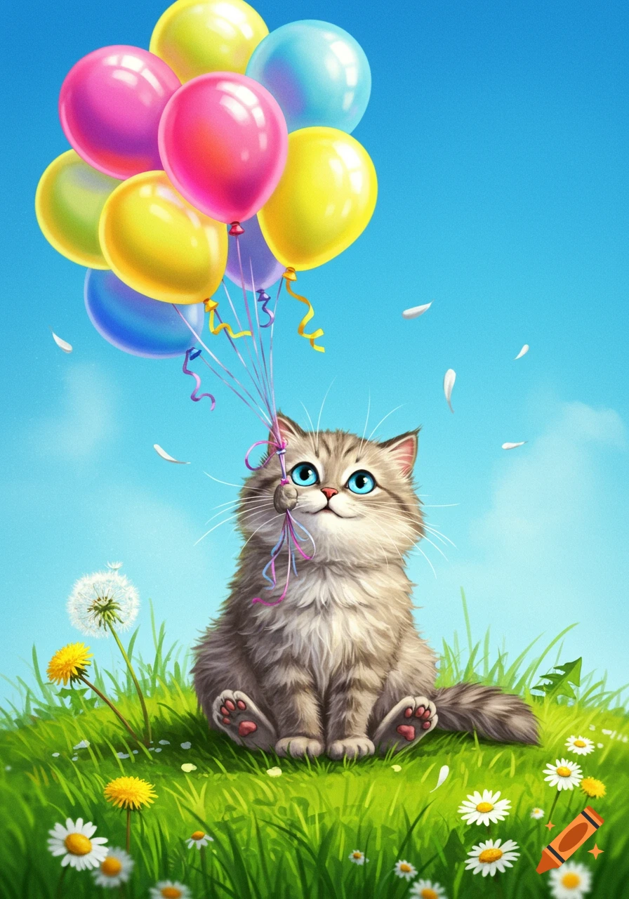 A cute, fluffy grey cat sits happily in a green field with flowers, holding a bunch of colorful balloons under a blue sky.