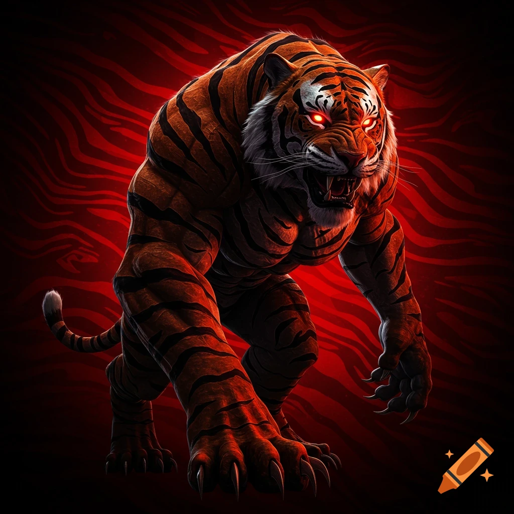 A monstrous, muscular Bengal tiger with glowing red eyes crouches and snarls against a dark red striped background, in an illustrative style.
