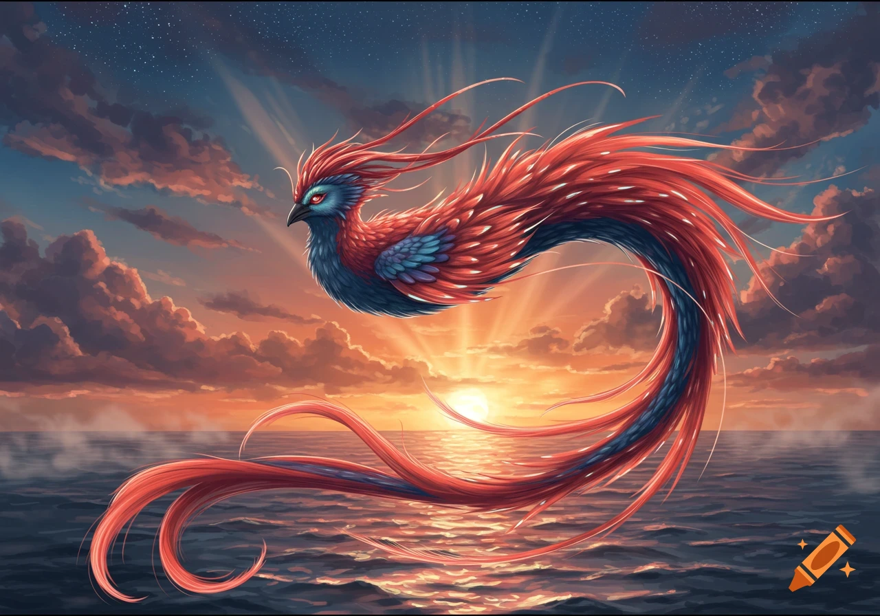 A vibrant red and blue mythical bird with long flowing feathers flying over a calm ocean at sunset, with golden light.
