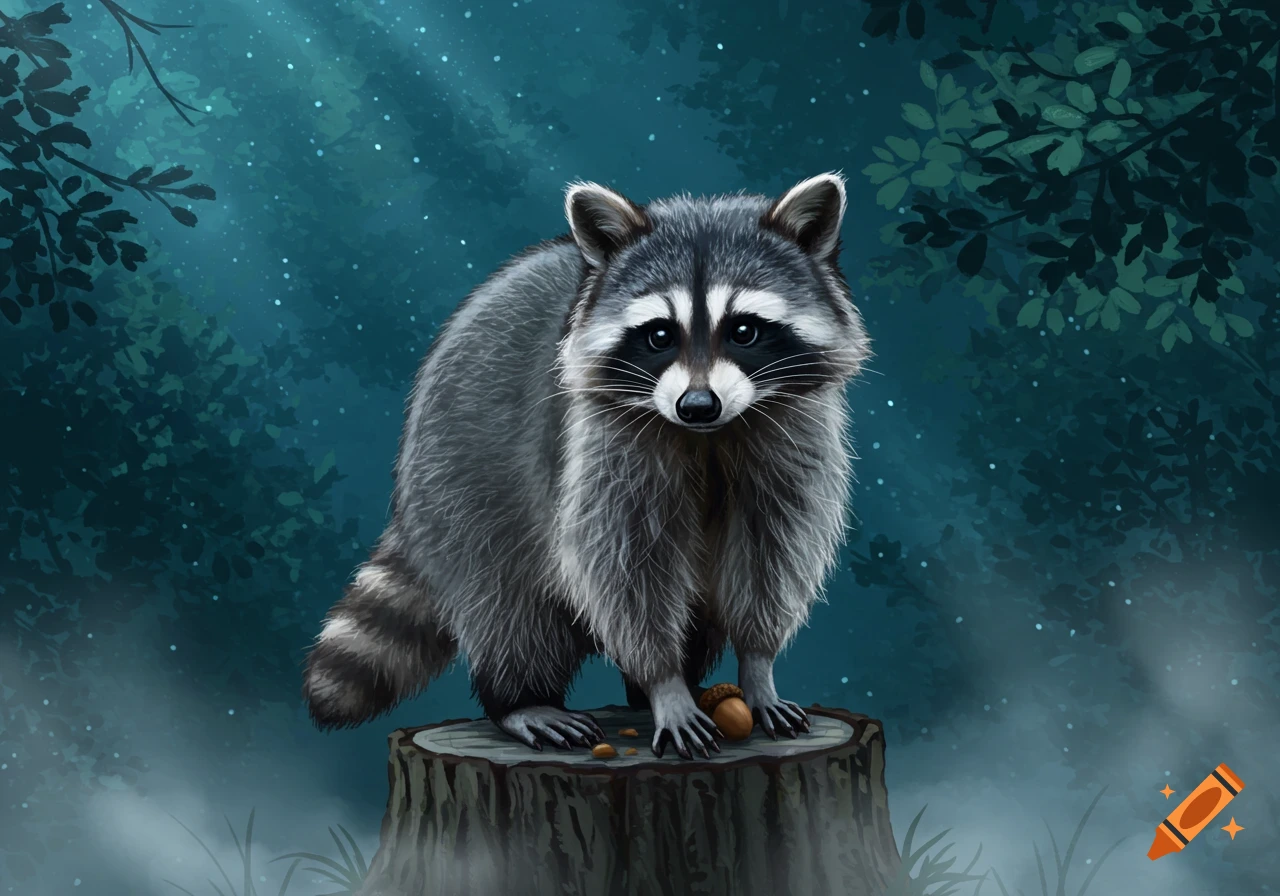 A detailed digital painting of a raccoon standing on a tree stump at night, with a dark forest background and starry sky.