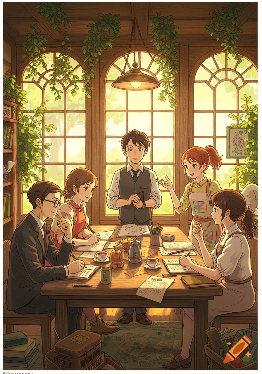 Ghibli-style anime characters, five people, meet around a wooden table in a sunlit room with plants.
