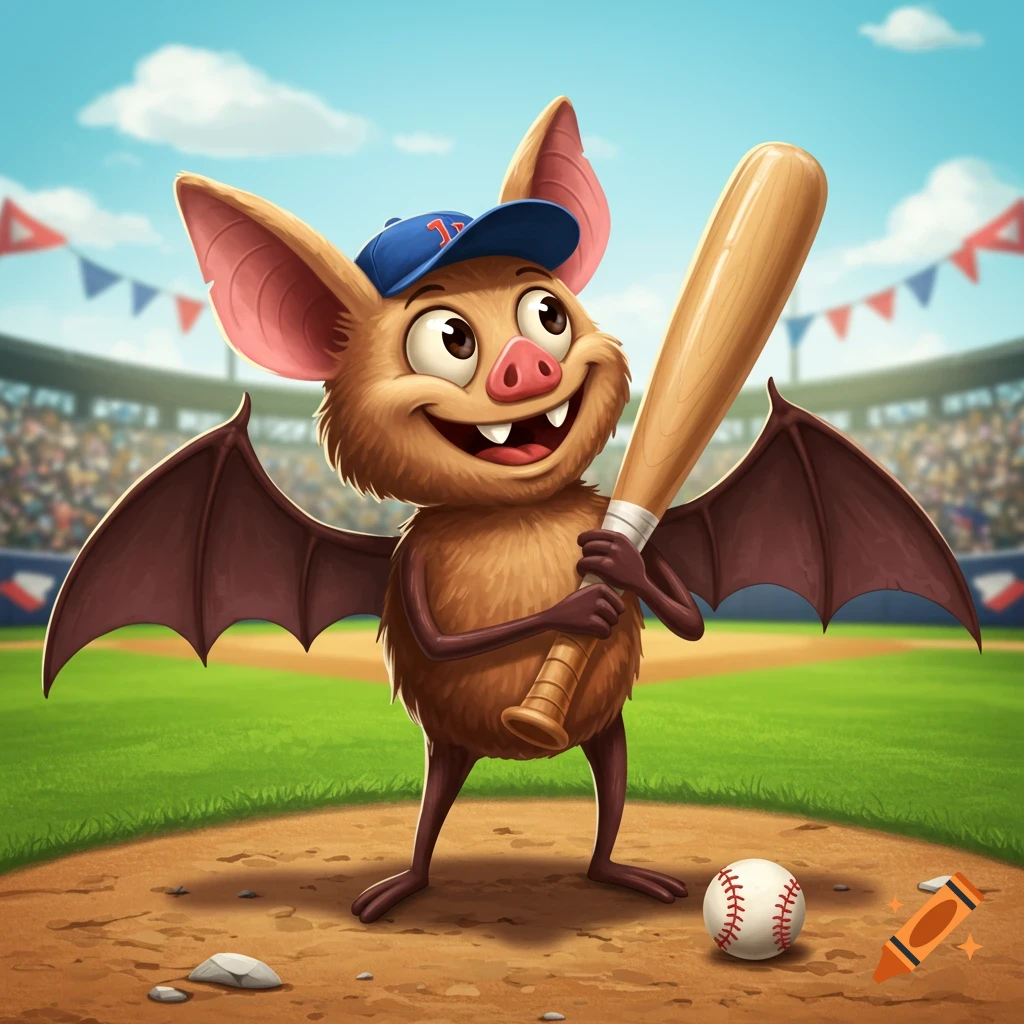 A cheerful cartoon bat wearing a blue baseball cap, holding a wooden baseball bat, standing on a pitcher's mound in a stadium.