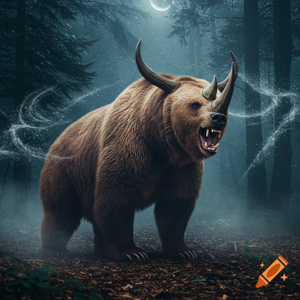 A fierce, brown, bear-like creature with rhino horns and glowing white energy roars in a dark, misty forest under a crescent moon.