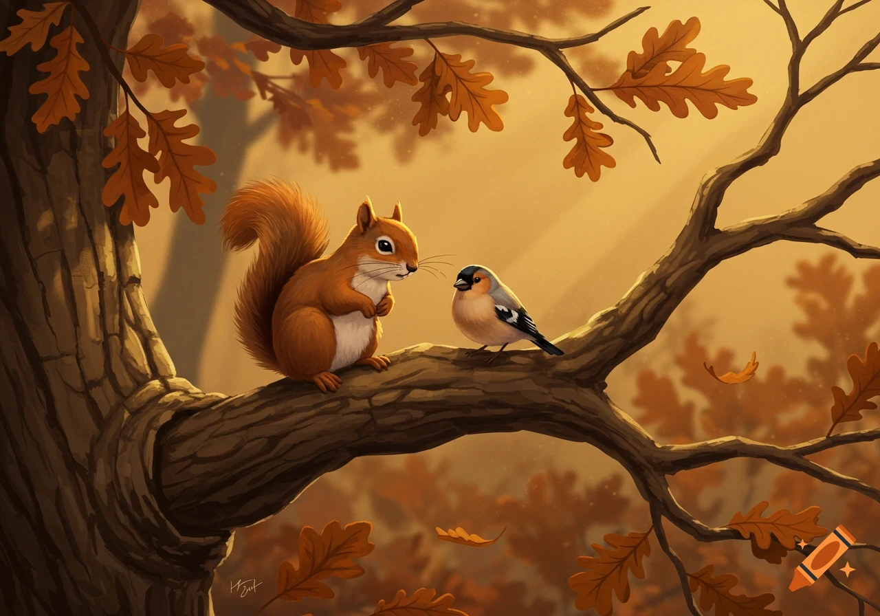 A fluffy red squirrel and a small grey and orange bird sit on a tree branch, looking at each other, in an autumn-themed digital illustration.