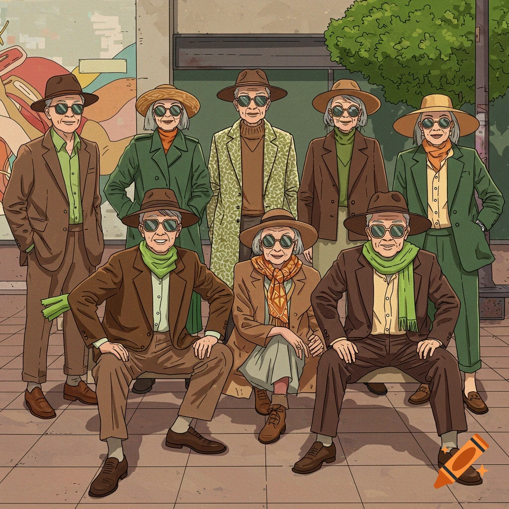 Cartoon of stylish senior citizens in hats, sunglasses, and brown and green outfits posing in an urban setting.