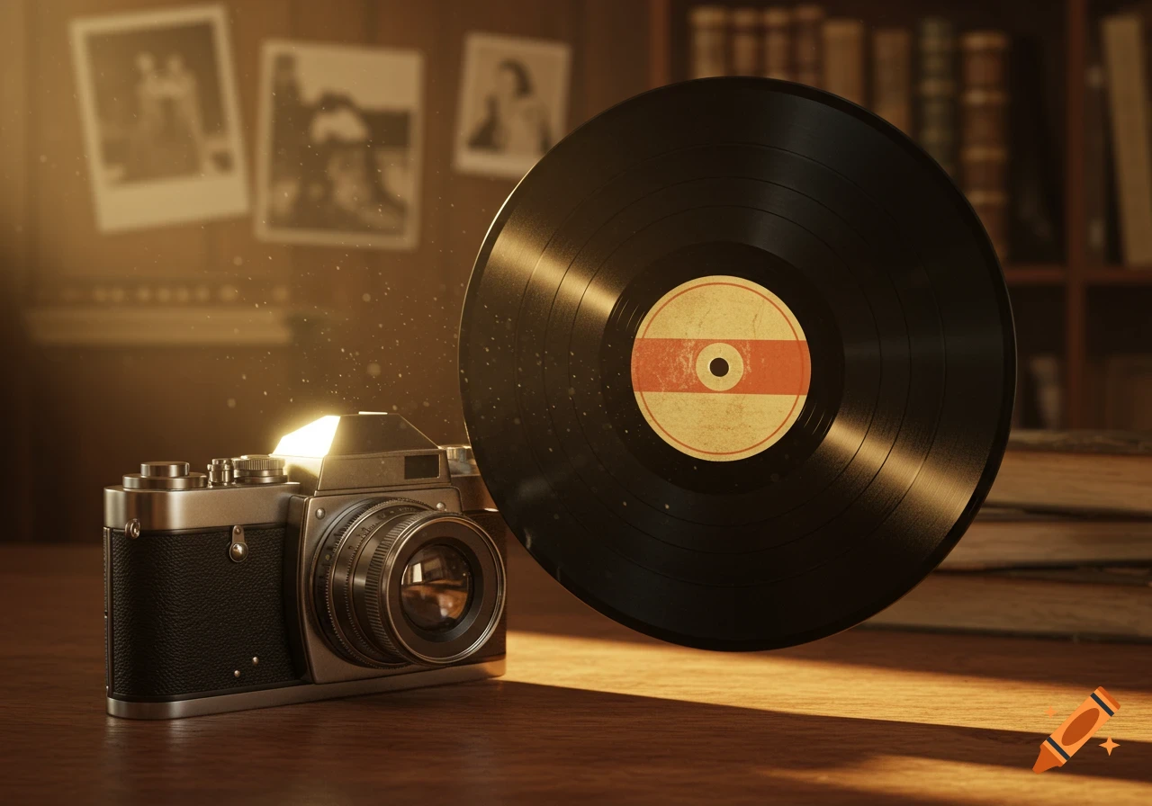 A vintage camera and a vinyl record sit on a wooden table with old photographs and books in the background, bathed in sunlight.