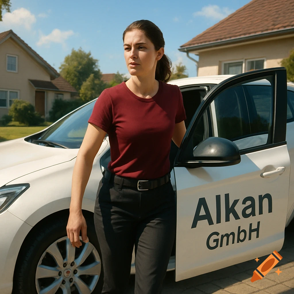 A woman in a maroon t-shirt and black pants stands by a white company car with 'Alkan GmbH' written on its side in a suburban setting.