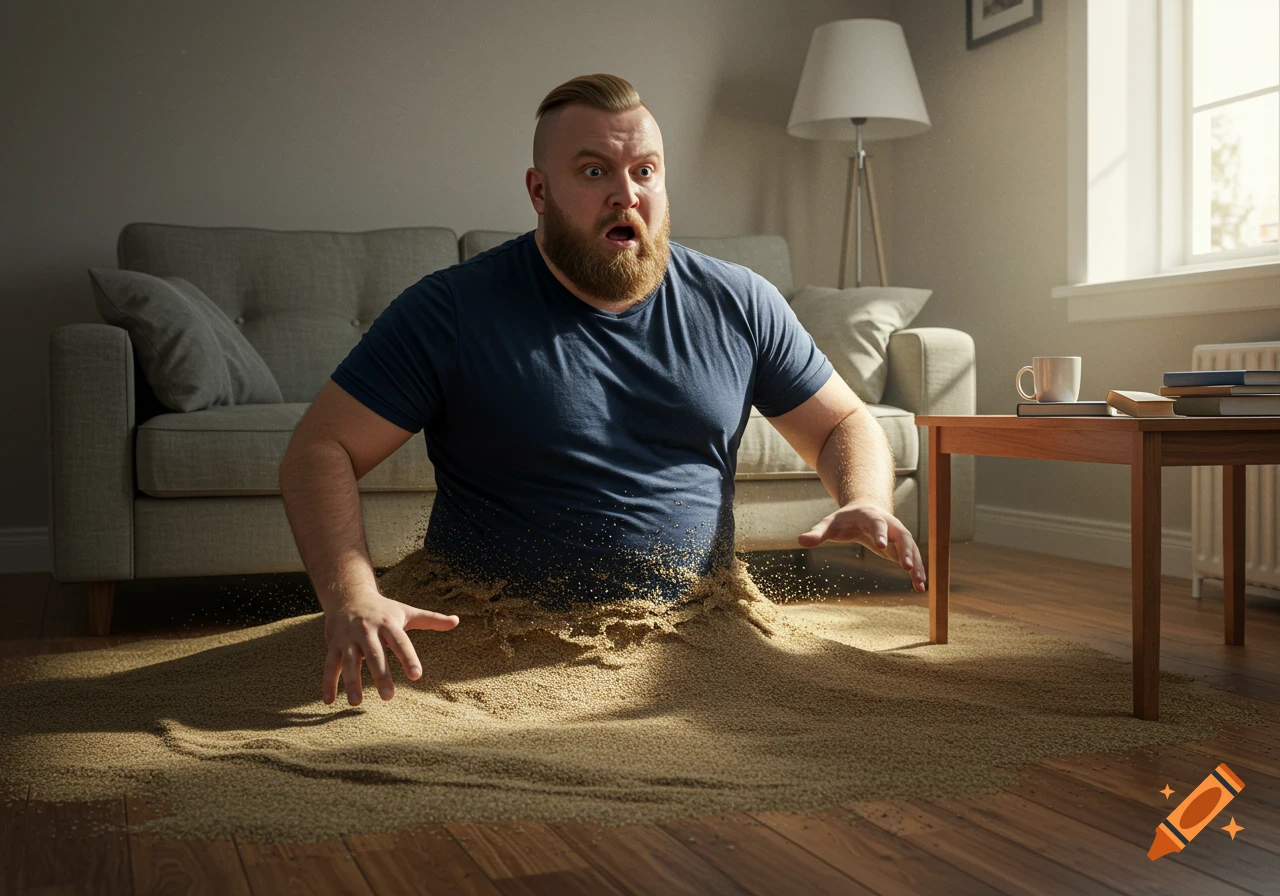 A surprised, bearded man in a blue shirt sinks into quicksand on a wooden floor in a sunlit living room. Photorealistic.