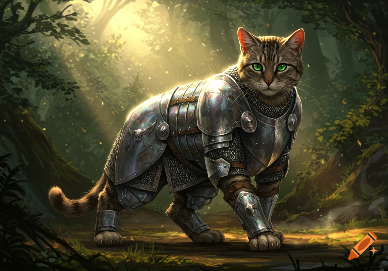 A majestic cat in shining armor stands heroically in a sunlit fantasy forest, gazing forward with bright green eyes.