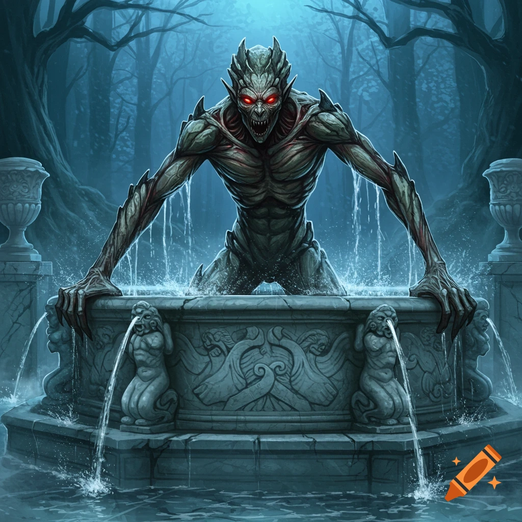 A monstrous humanoid creature with glowing red eyes emerges from an ornate stone fountain in a dark, eerie forest.
