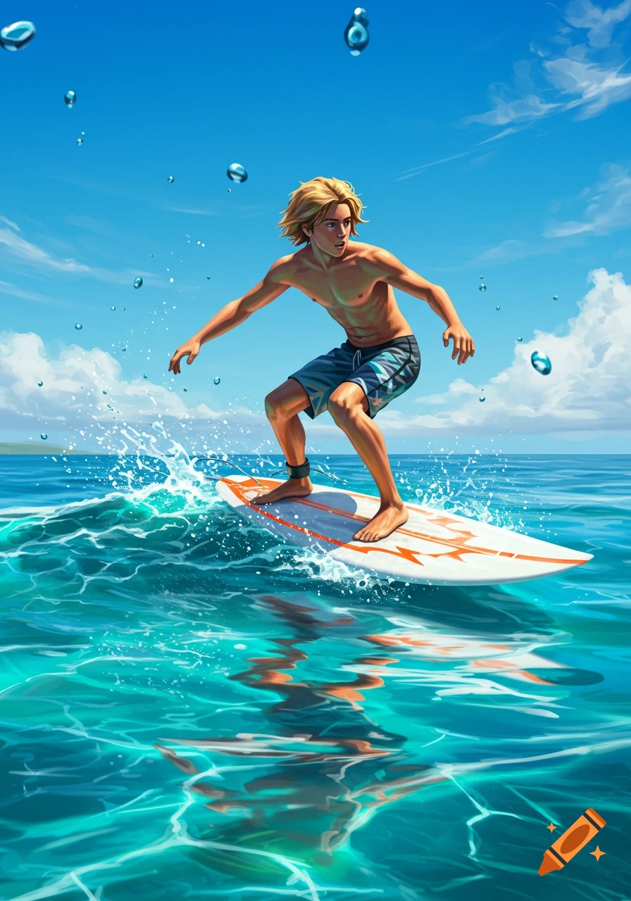 Illustration of a young man with blonde hair surfing on a white board in a vibrant blue ocean under a clear sky.