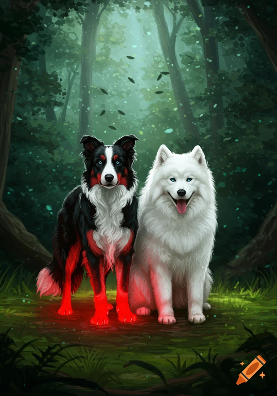 A black Border Collie with red glowing paws and a white Samoyed with blue eyes stand in a mystical forest.