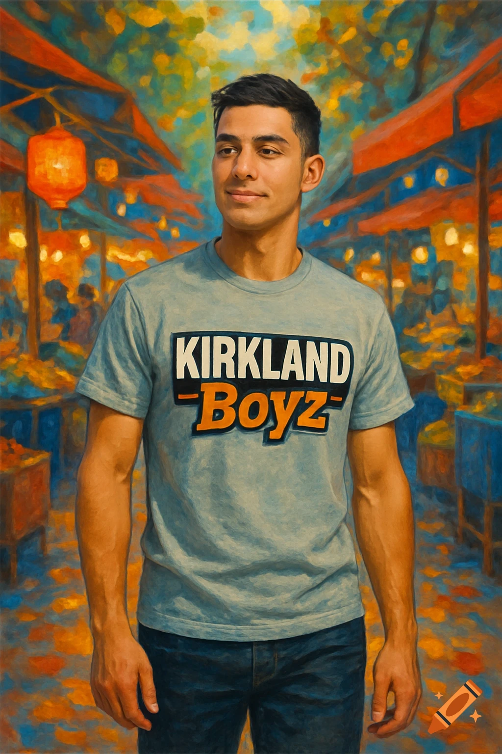 A young man in a light blue 'KIRKLAND Boyz' t-shirt stands in a vibrant, painterly market scene.