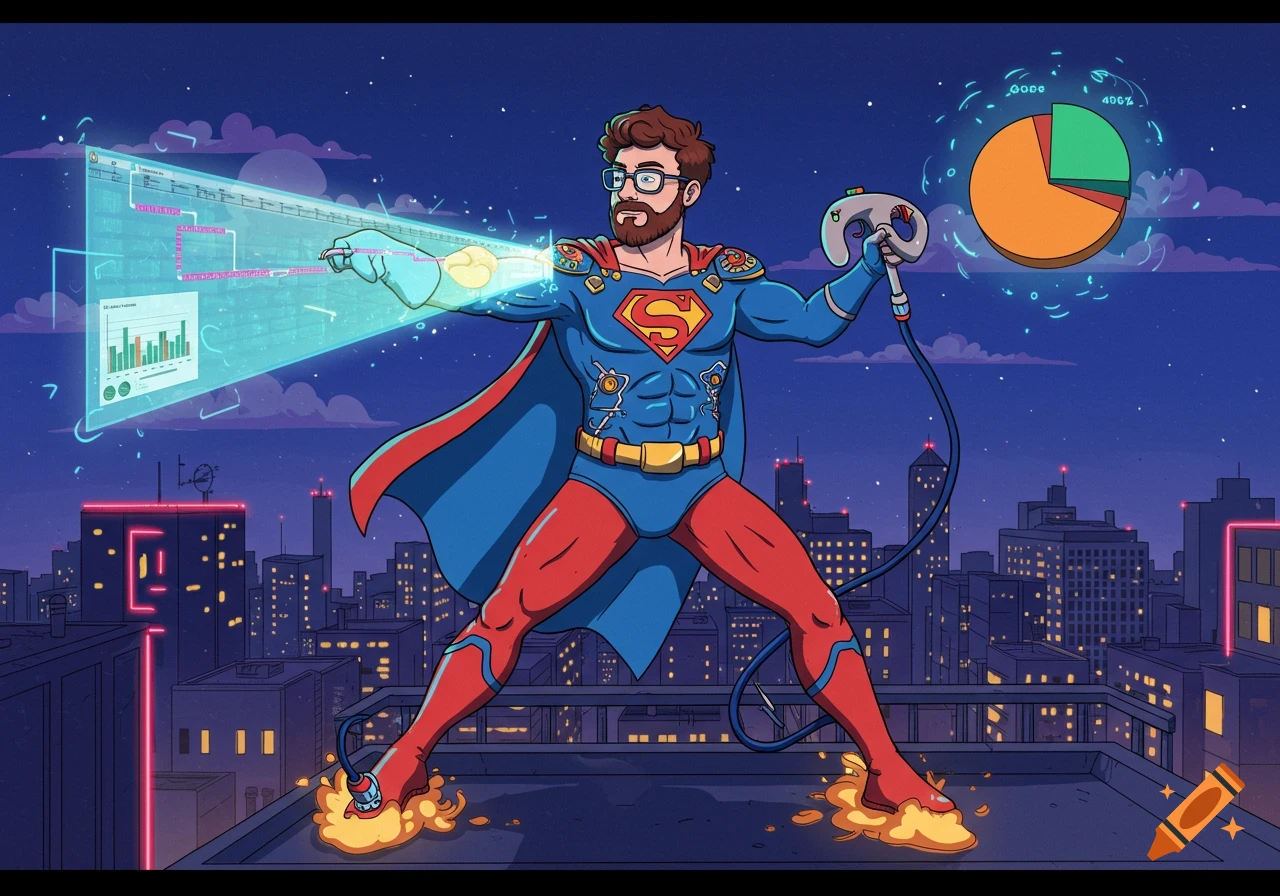 A bearded man in a Superman-like costume stands on a rooftop, projecting a holographic GANTT chart and manipulating a floating pie chart with a controller. 80s cartoon style.