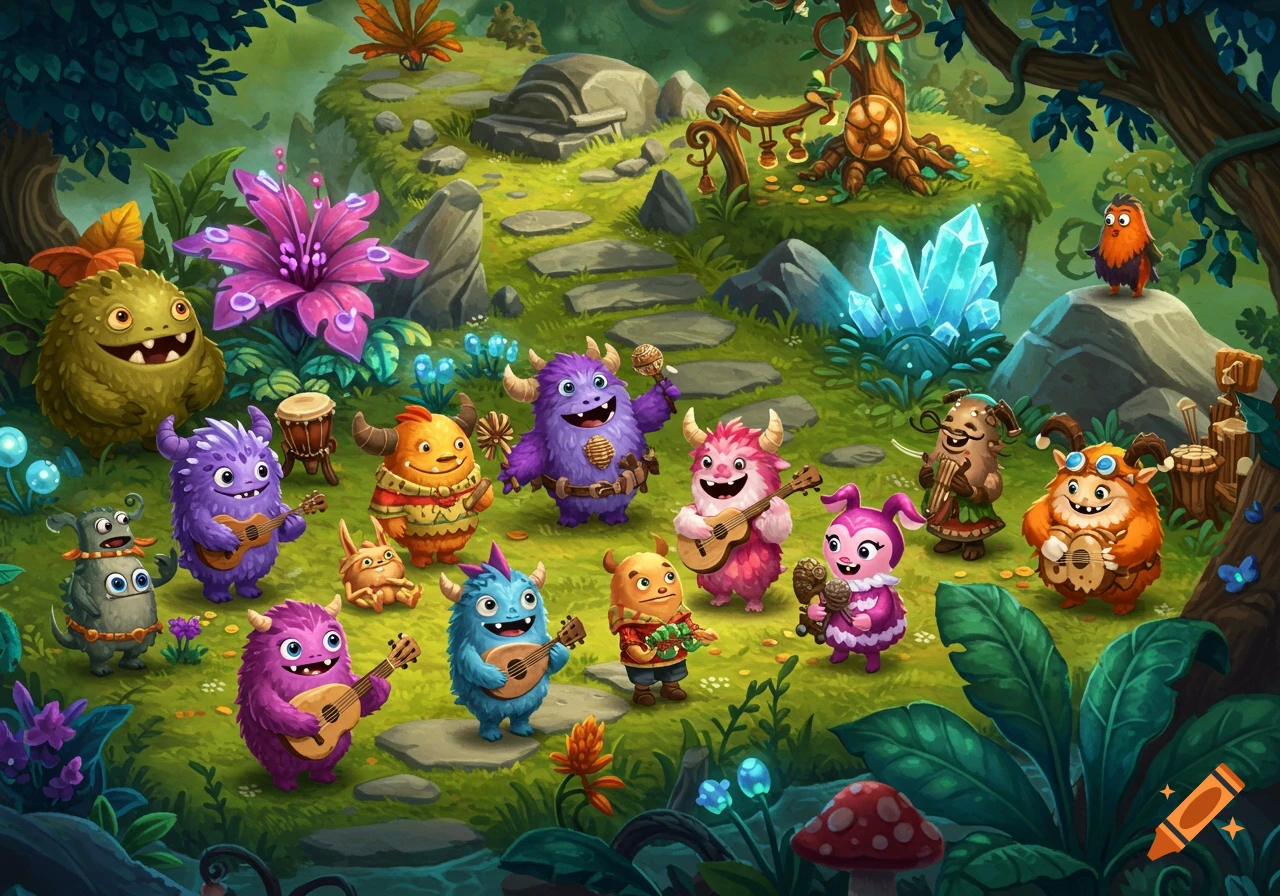 Many colorful, cute monsters play musical instruments in a lush fantasy forest, rendered in a cartoon style.