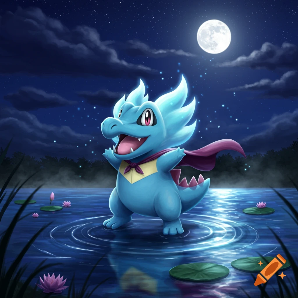A cute, blue, cartoon alligator-like Pok emon (Totodile) wearing a red cape stands in a moonlit pond with lily pads.