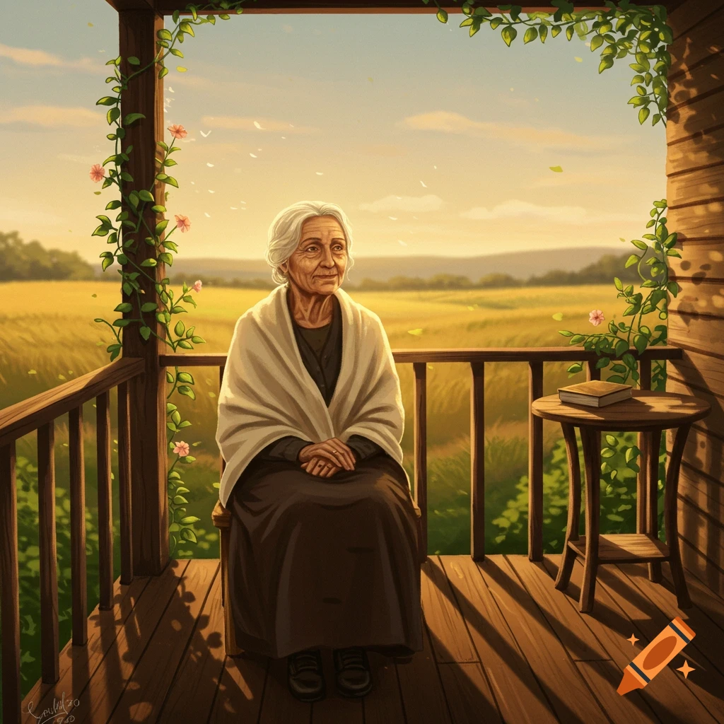 An elderly woman with white hair sits on a wooden porch, looking out at a sunlit golden field. Digital illustration.