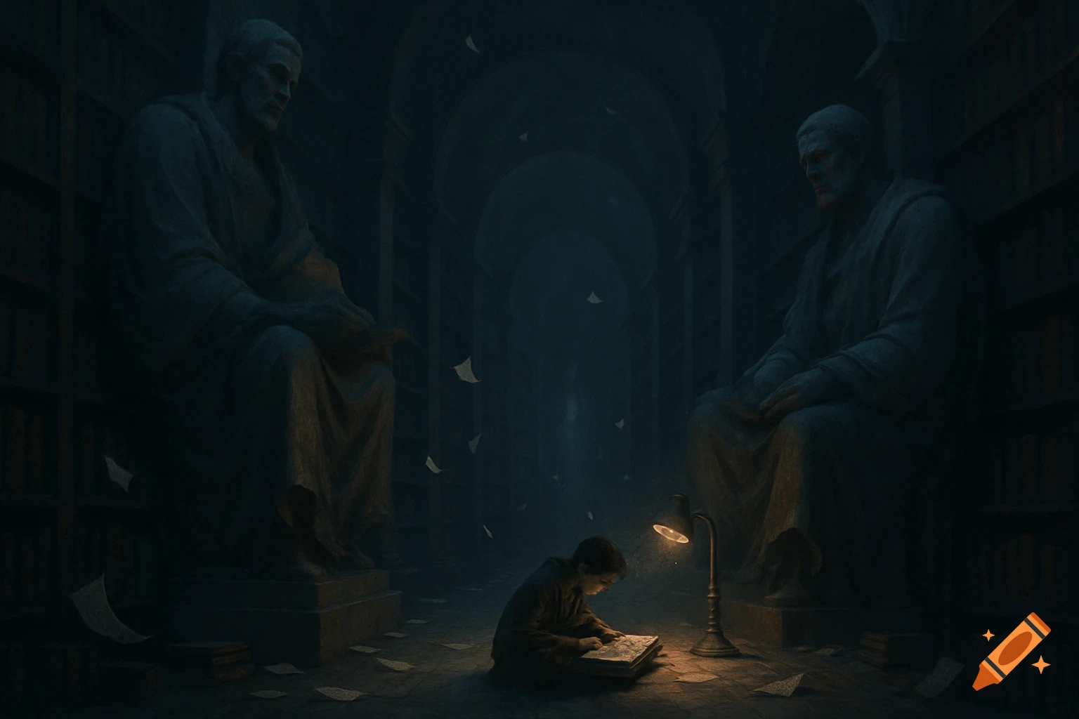A child reads a book by lamplight in a grand, dark library with towering statues and scattered papers on the floor.