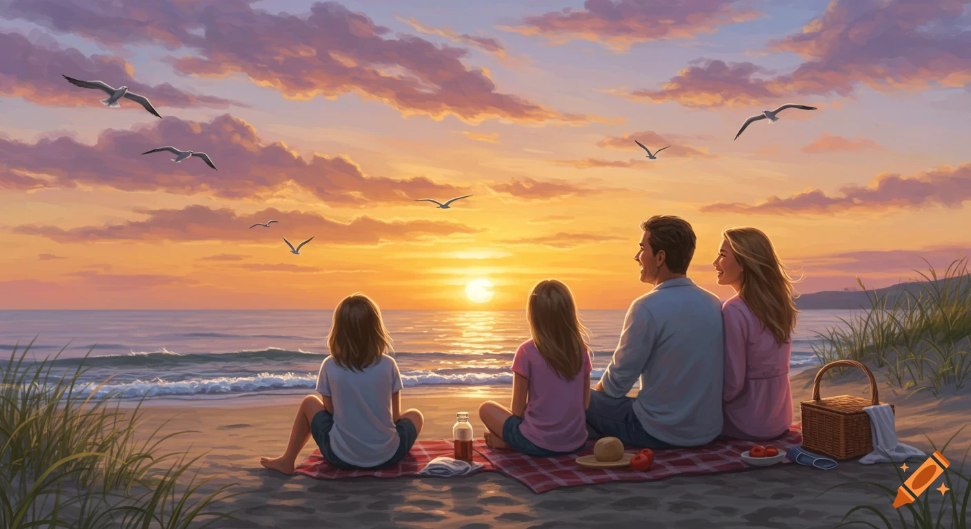 A family sits on a beach watching a beautiful sunset over the ocean, with seagulls flying above in an illustrative style.
