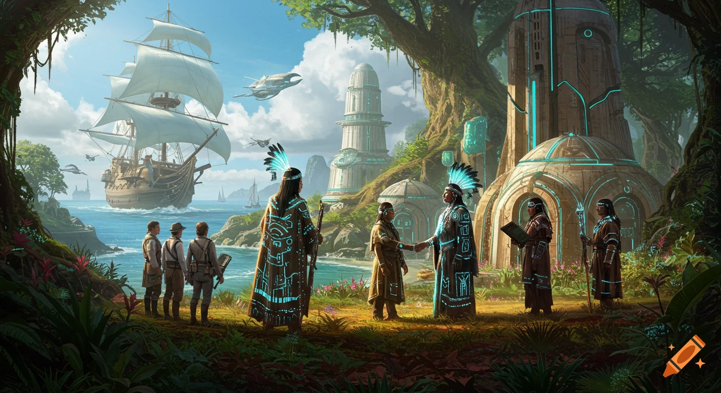 Hyper-realistic: European explorers meet advanced indigenous people with glowing robes and futuristic buildings in a lush tropical landscape.