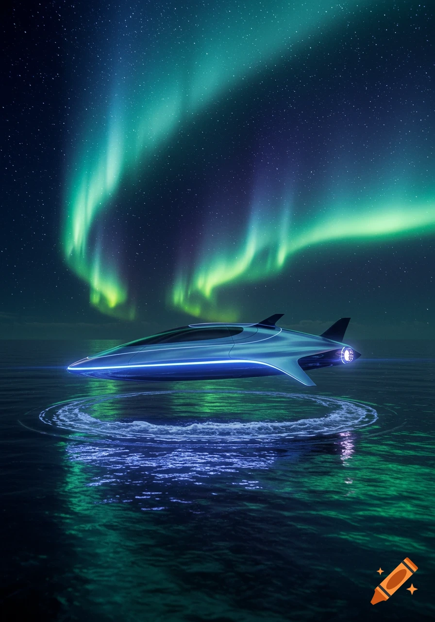 A sleek, futuristic blue vehicle hovers above the water, creating ripples, under a vibrant green aurora borealis sky.