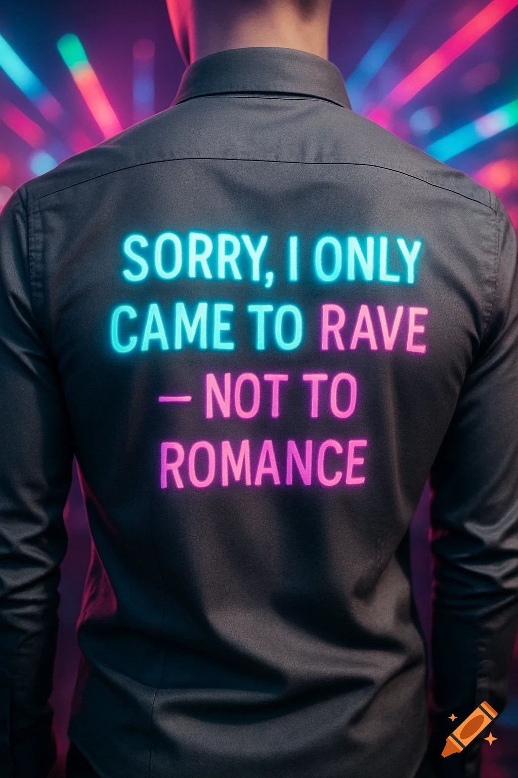 Back of person in dark grey shirt with glowing neon text: 'Sorry, I only came to rave — not to romance,' at a rave.