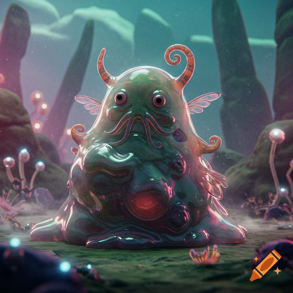 A translucent, green, blob-like alien creature with small wings, horns, and tentacles sits on a mossy alien landscape with glowing mushrooms, 3D render.