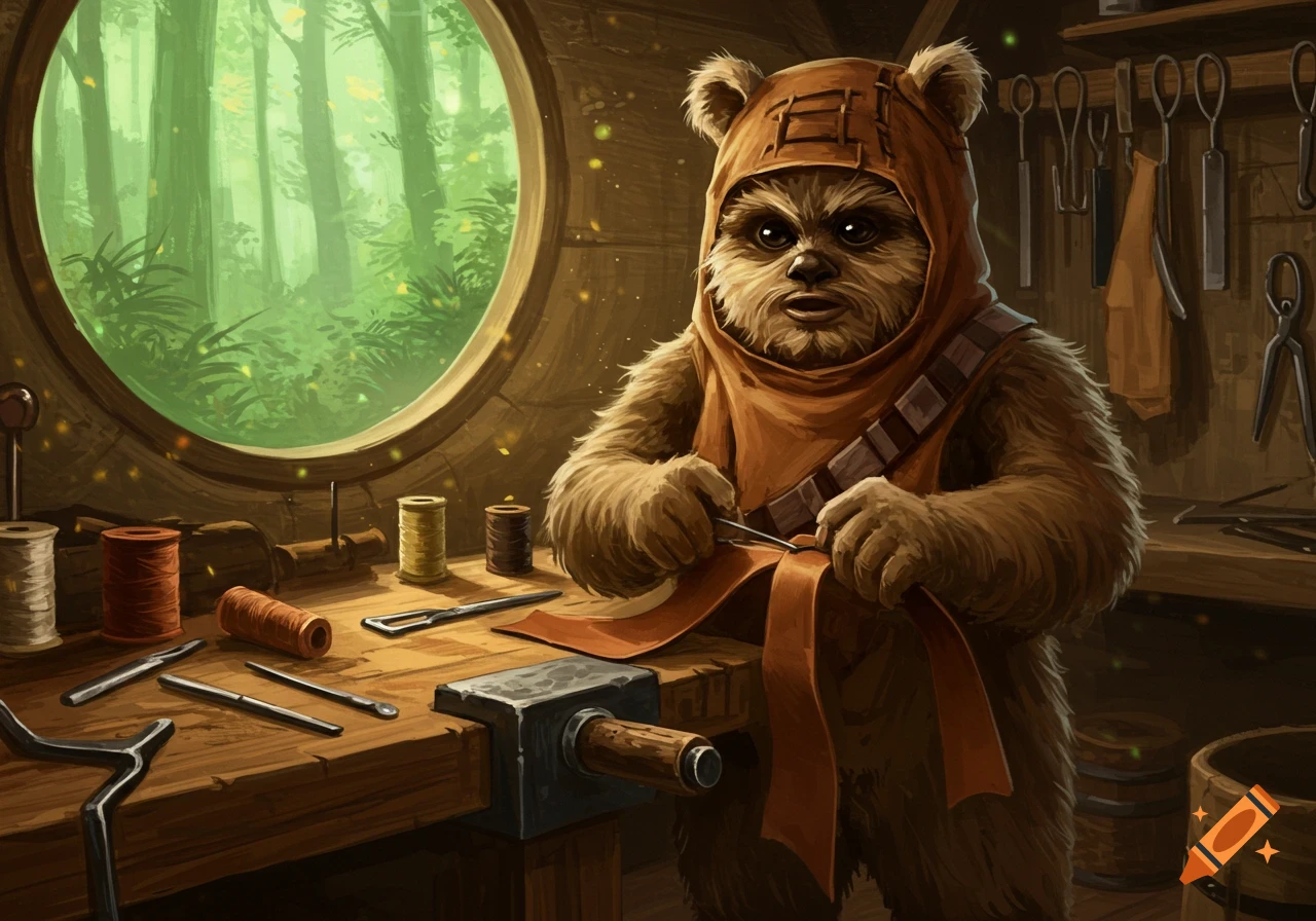 An Ewok intently sewing leather on a workbench in a workshop, with a round window showing a forest outside. Detailed illustration.