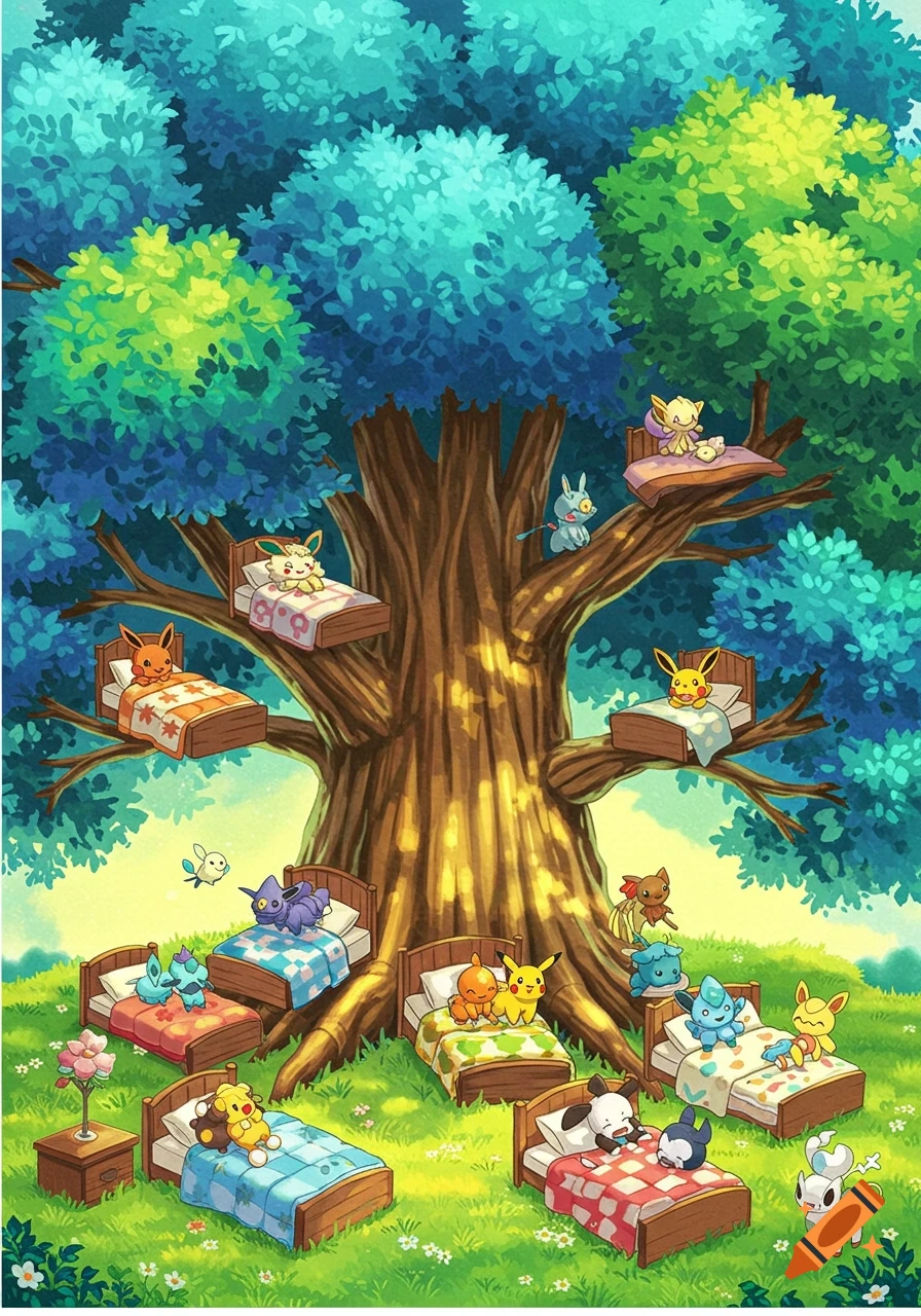 Colorful cartoon illustration of many chibi Pokémon sleeping in beds around and on a large tree in a grassy field.