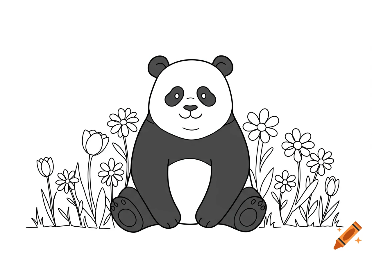A cute cartoon panda sits in a field of line art flowers, depicted in a black and white illustration.