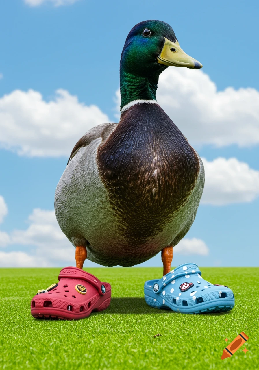 A large mallard duck wears mismatched red and blue Crocs while standing on green grass under a blue sky.