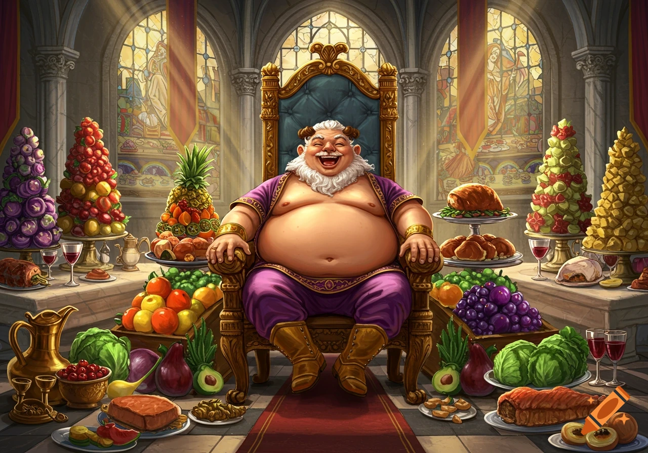 A jolly, obese king-like man with a white beard sits on a golden throne, surrounded by lavish piles of food in a grand hall.
