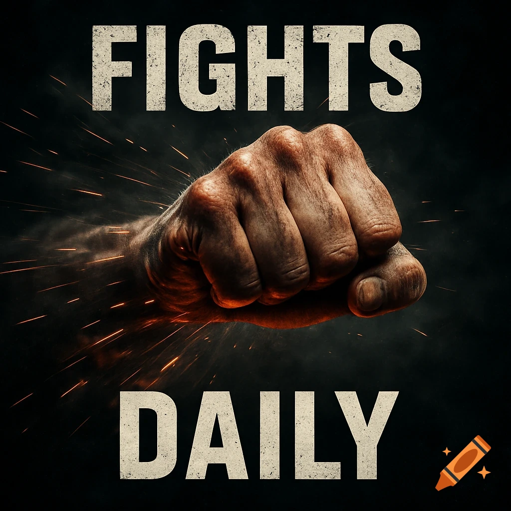 A realistic clenched fist punching forward from a dark, smoky background with sparks, with the text 'FIGHTS DAILY'.