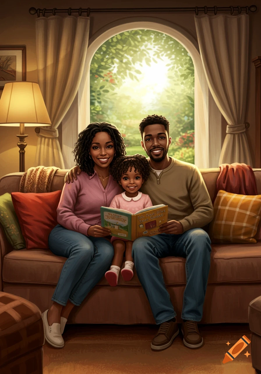 Photorealistic portrait of an African-American family, mother, father, and daughter, reading a book together on a couch in a sunlit living room.