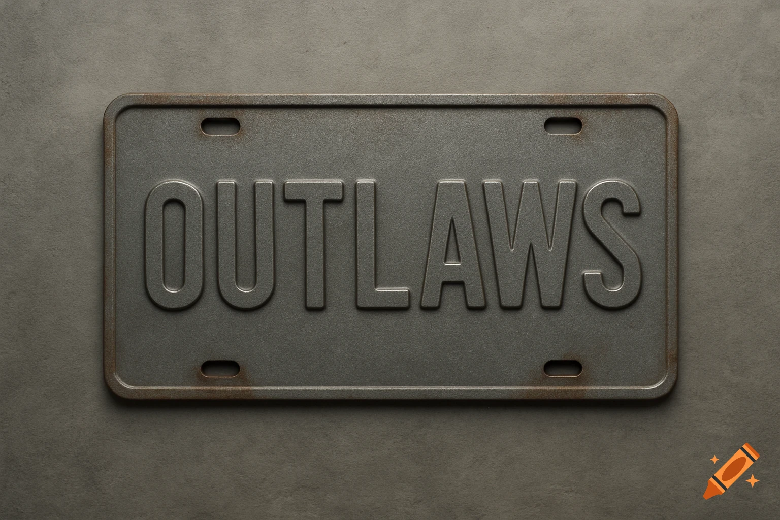A photorealistic close-up of a weathered, dark grey metal license plate with the word "OUTLAWS" embossed in capital letters.