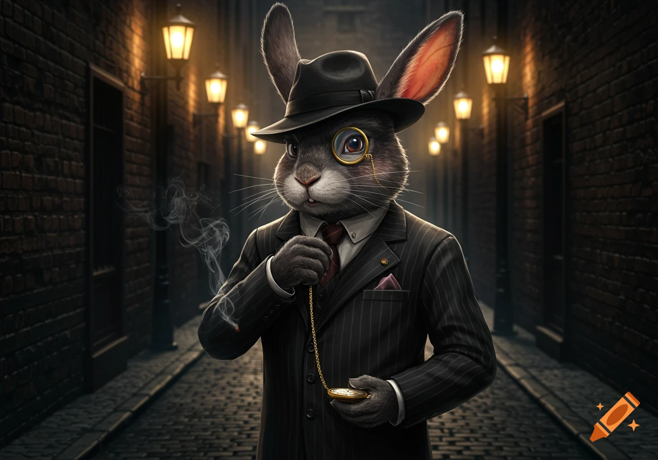 An anthropomorphic rabbit in a pinstripe suit, fedora, and monocle smokes a cigarette in a dark, lamp-lit alley.
