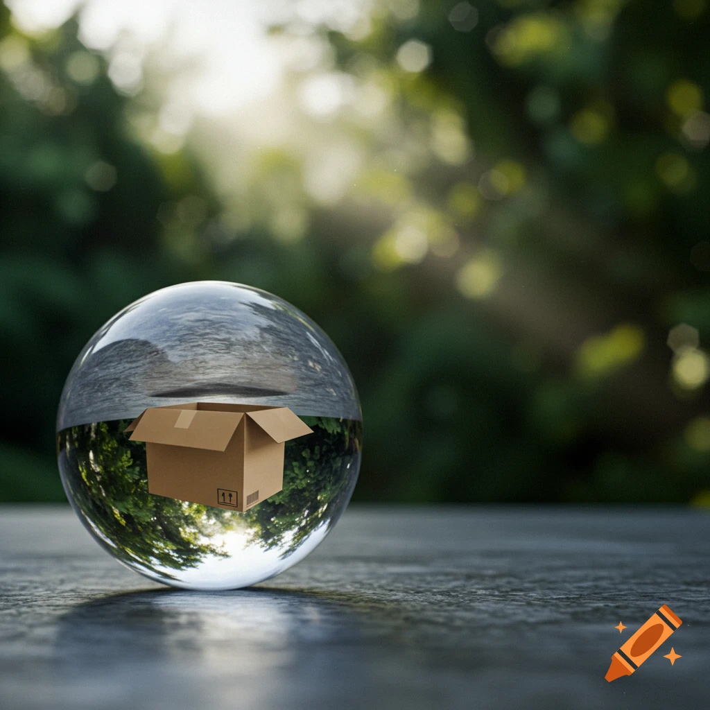 A glass sphere containing an open cardboard box sits on a gray surface, reflecting an inverted forest against a blurred green background.