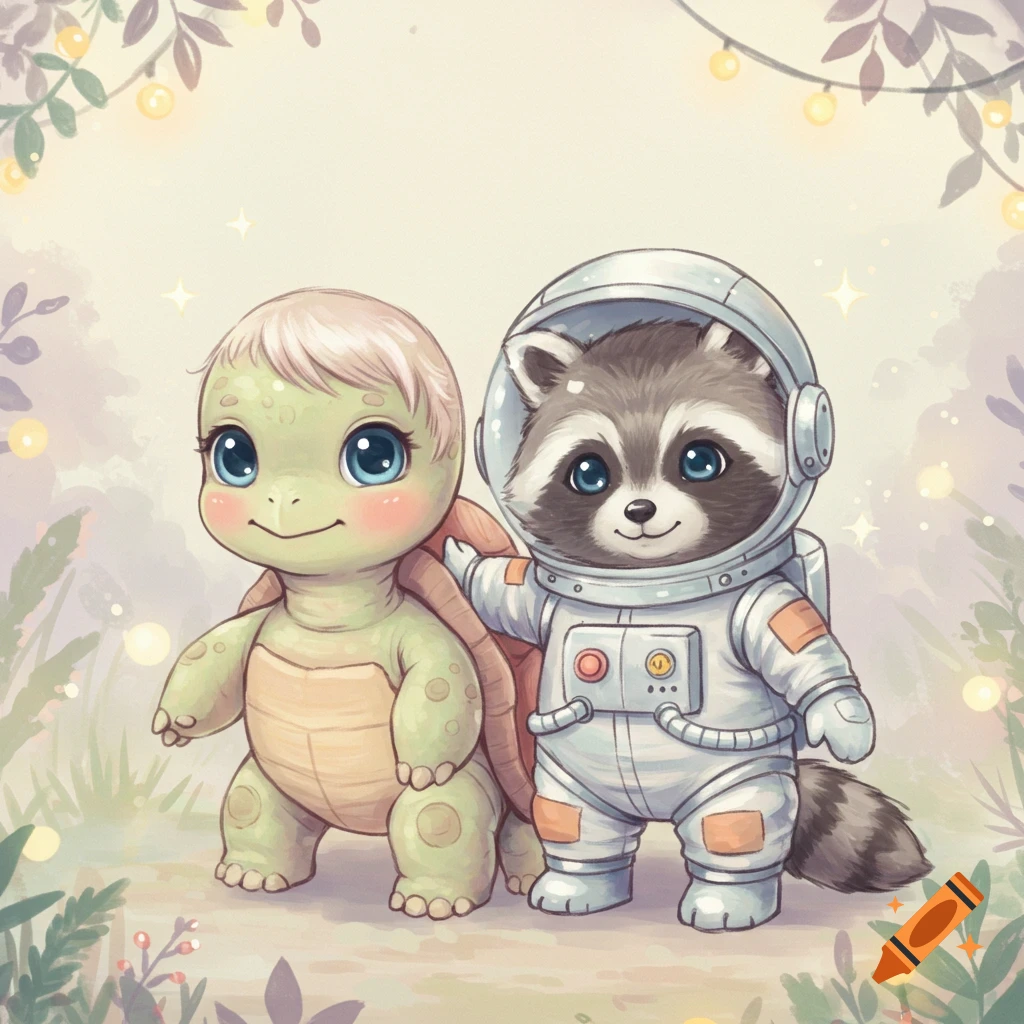 Cute cartoon baby turtle with blond hair next to a baby raccoon astronaut, smiling in a soft pastel, magical setting. Baby book illustration style.