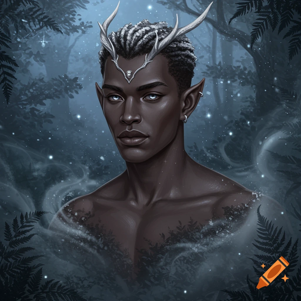 Dark-skinned fae male with white antlers, pointed ears, and glowing eyes in a mystical forest with mist, digital art.