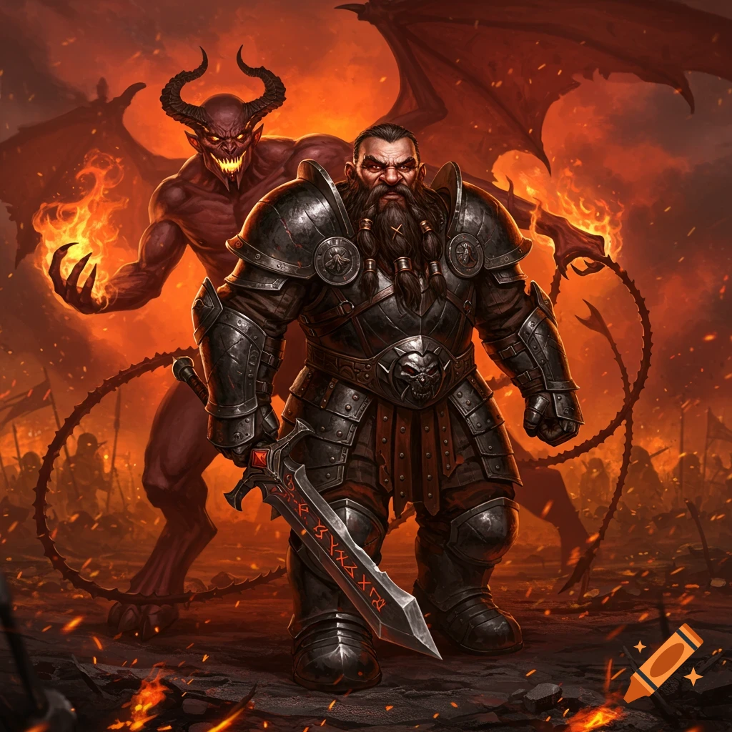 A dwarf warrior in black armor holds a magical sword, standing before a red-skinned demon with wings and fire in a hellish landscape. Dark fantasy art style.
