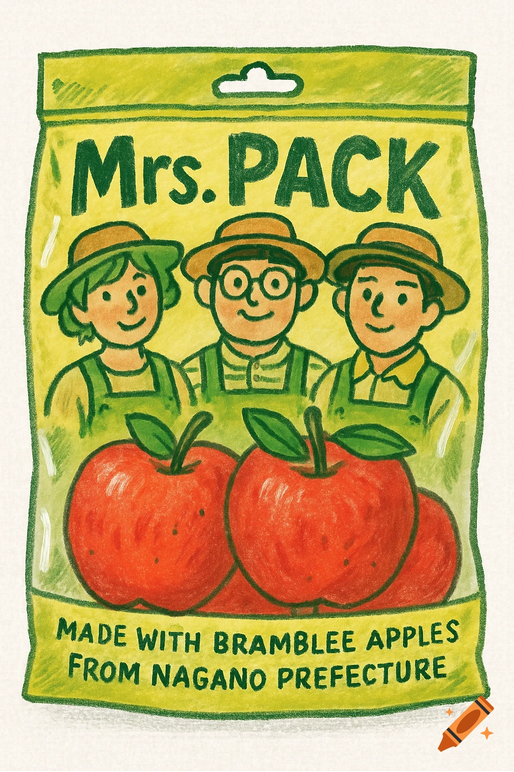 Cartoon illustration of a green and yellow food package with 'Mrs. PACK', three farmers, and red apples, in a hand-drawn style.