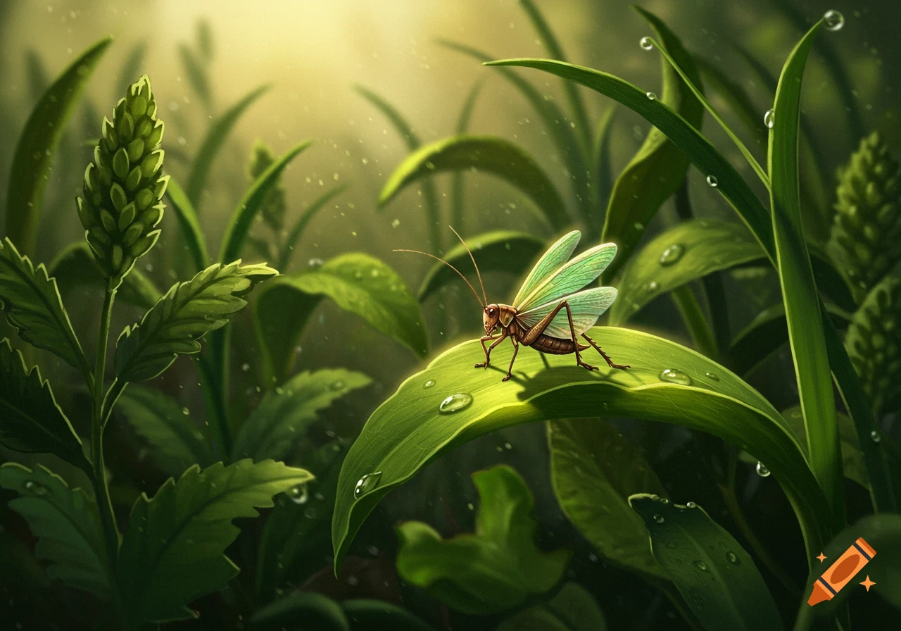 A green grasshopper with translucent wings sits on a vibrant dewy green leaf in a lush, sunlit natural setting, digital painting.