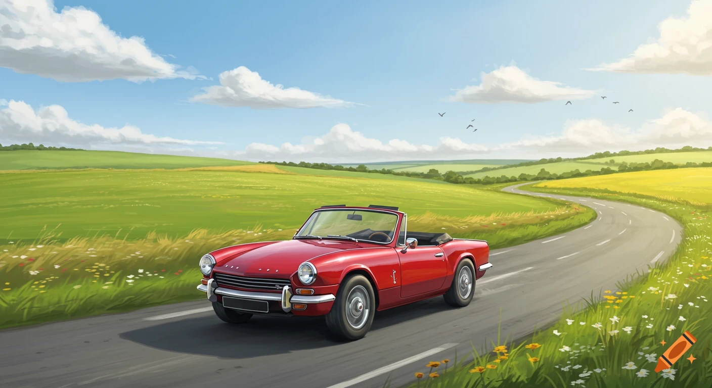 A red convertible car drives on a winding road through green rolling hills under a blue sky, in a vibrant illustration.