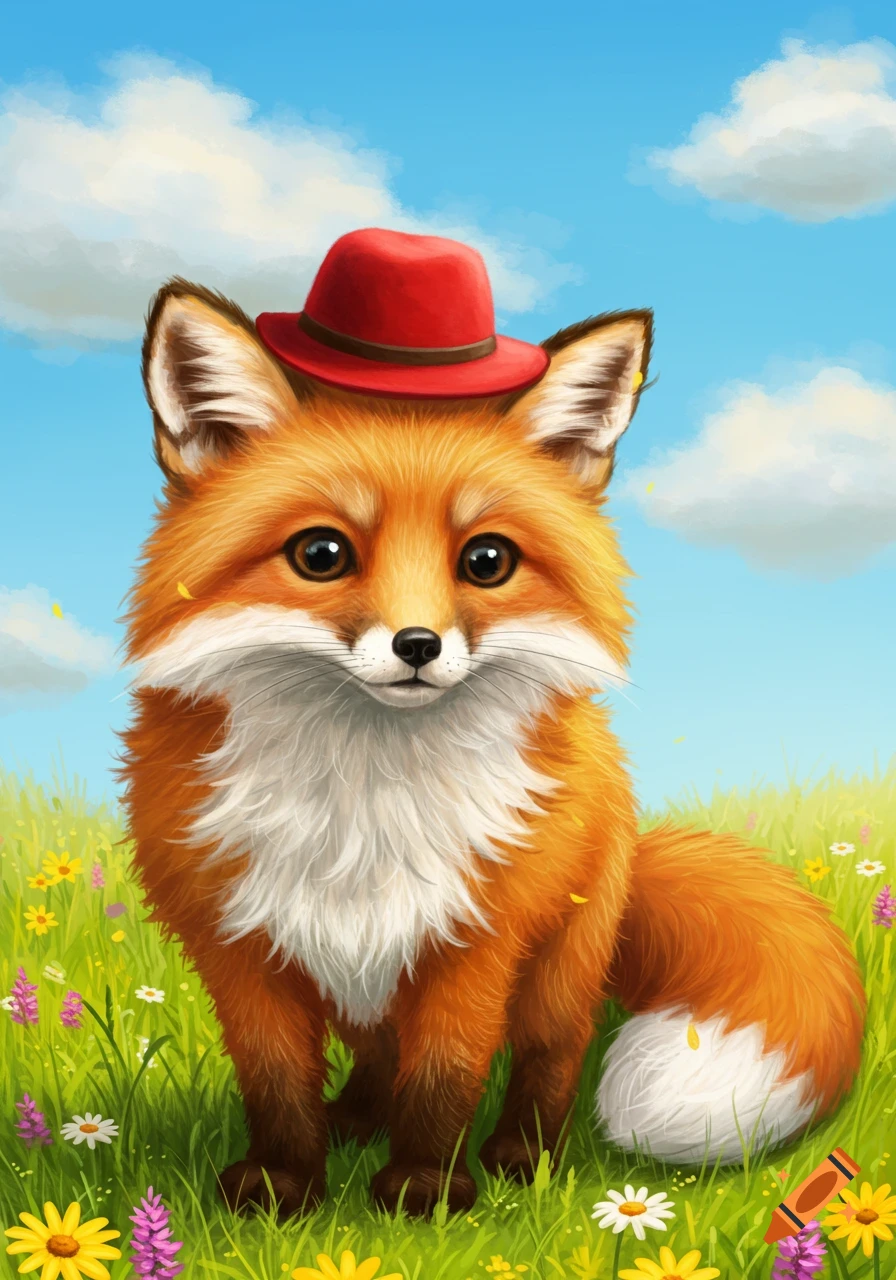A cute orange fox with a red hat sits in a field of wildflowers under a blue sky, in an illustration.