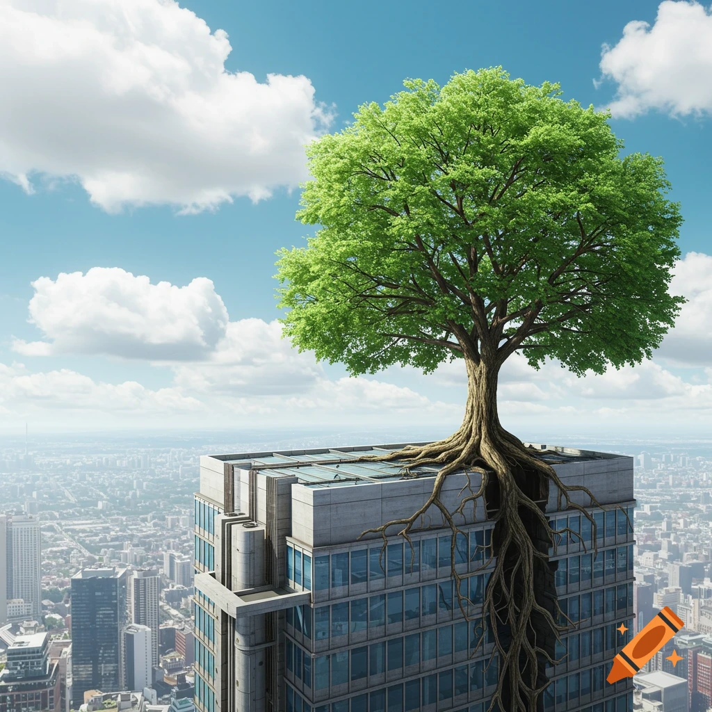 Photorealistic image of a large green tree with exposed roots growing on the rooftop of a modern skyscraper in a city.