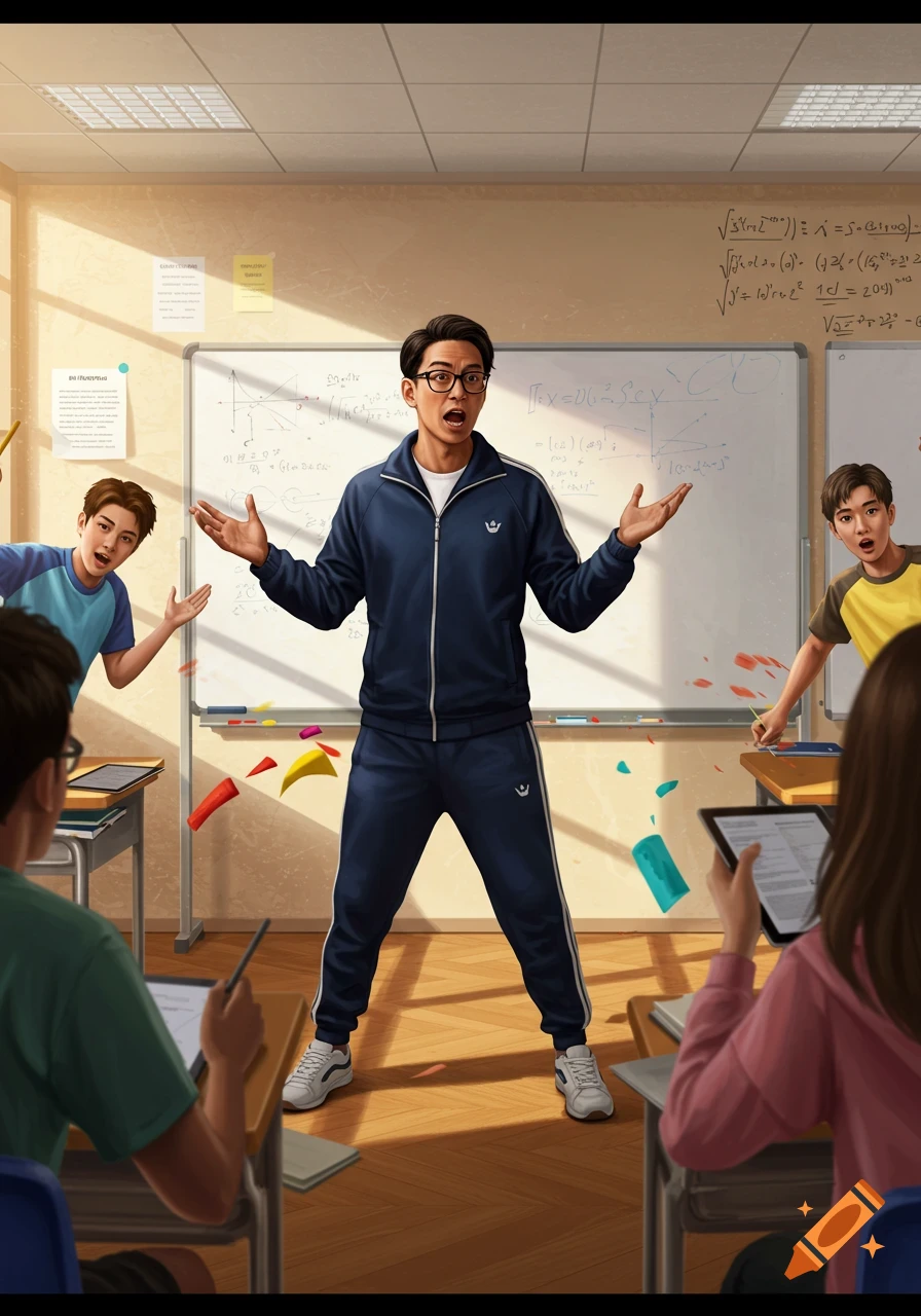 An Asian male teacher in a blue tracksuit teaches students in an illustrated classroom, dynamic pose.