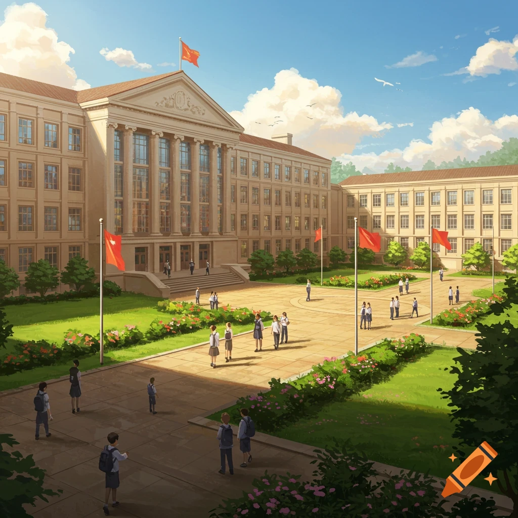 Anime-style illustration of a grand university campus with students walking on pathways, surrounded by lush green lawns and large buildings under a blue sky.