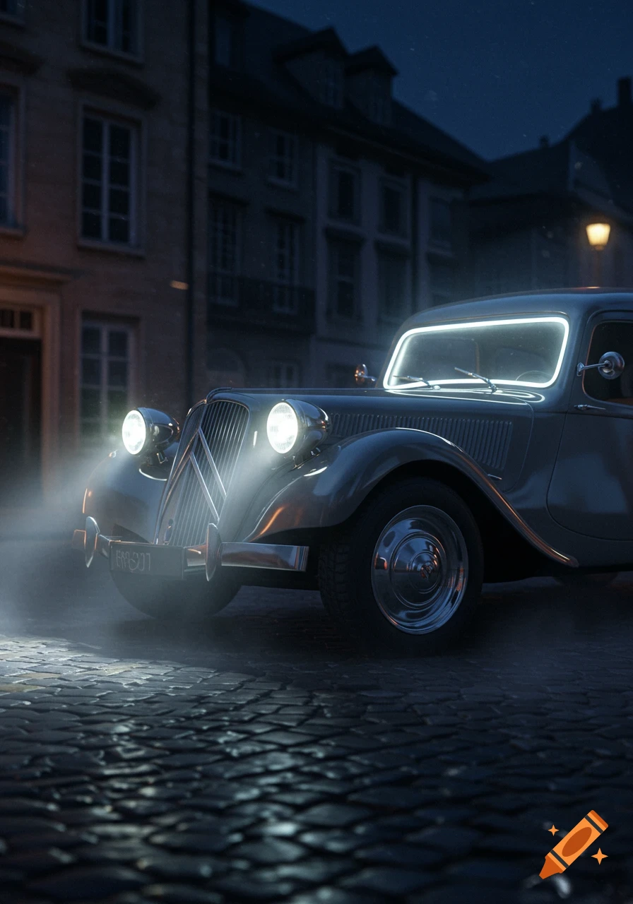 A vintage Citroën Traction Avant parked on a cobblestone street at night, with bright glowing headlights and windshield.