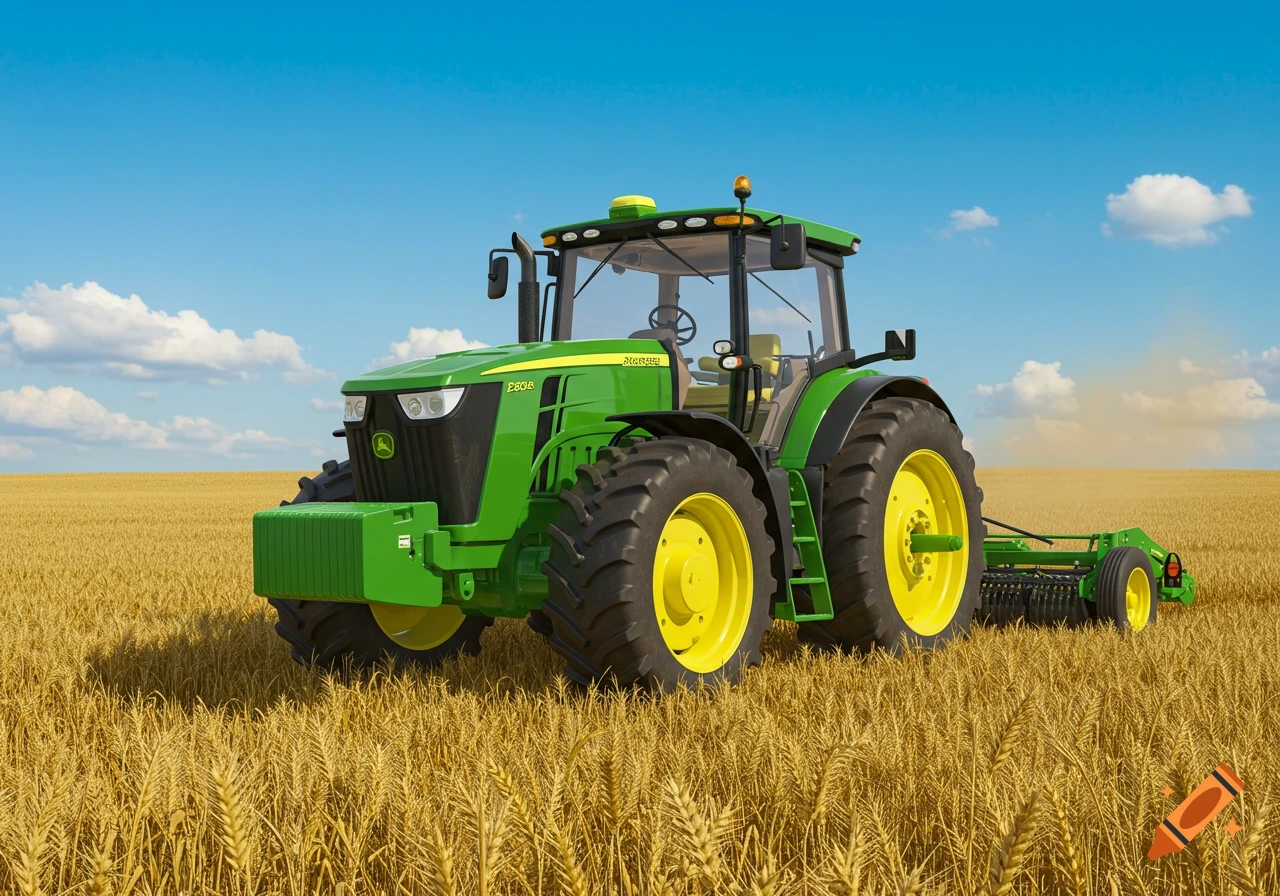 A green John Deere tractor with yellow wheels in a golden wheat field under a blue sky.