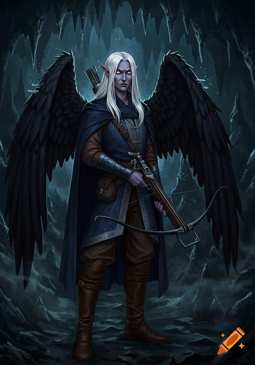 A long-haired, pale-skinned dark elf with black wings stands in a dark cave, holding a crossbow. Fantasy art style.